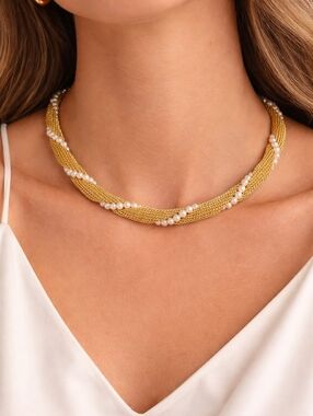 Vintage Givenchy Gold Mesh Faux Pearl Choker Style Necklace Designer Statement